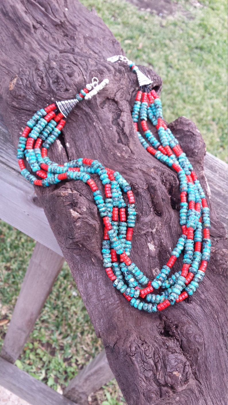 Turquoise and Coral Five Strand Necklace Etsy