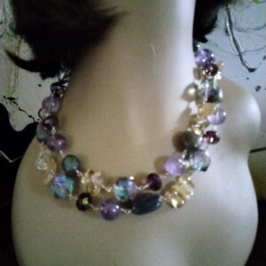 Long strand amethyst, lemon quartz, labradorite and crystal necklace with matching earrings