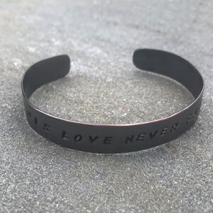 Copper Cuff Bracelet, handstamped with “His Love Never Fails” - Christian Cross Cuff Bracelet - Religous Bracelet - Copper - Free Shipping
