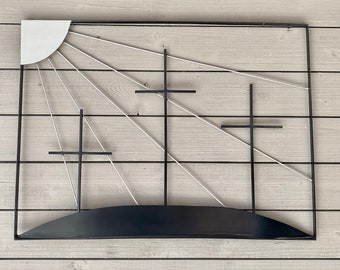 Christian Wall Art with Three Crosses on Hill with Sun Shining on Crosses, Three Cross Artwork for Home or Office, Metal Artwork