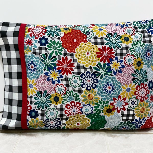 Mulit-color Whimsical floral & check print, Handmade 100% Cotton Pillowcase  Pillow cover, STANDARD size pillowcase