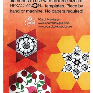 May include: A red and orange poster with the text "SETTING MATE" and instructions for cutting fabric shapes. The poster features examples of hexagon and star-shaped fabric designs with floral and geometric patterns.