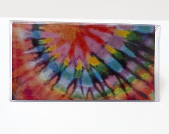 Clear Vinyl Checkbook cover - I love Tye Dye Rainbow bright, Scrapbook style, Duplicate or Single Checks