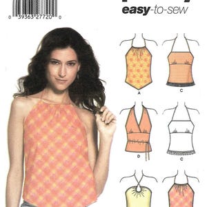 May include: Simplicity sewing pattern 5057 for halter tops. The image shows a woman wearing a peach and yellow plaid halter top. The pattern includes several halter top designs. The text "easy-to-sew" is visible.