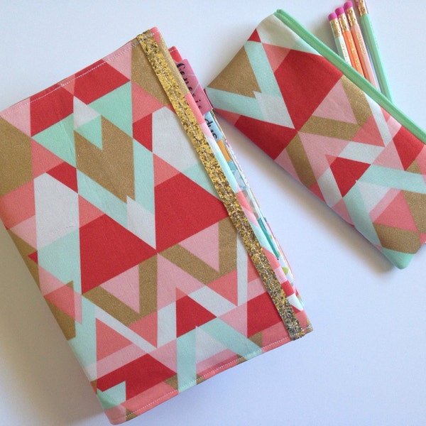 Bible Cover ESV Journaling bible- Multicolored pastel Triangles/ matching pencil pouch