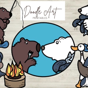 May include: A set of five doodle art printable images featuring a brown bear, a polar bear, a goose, and a campfire. The images are in a cartoon style and are perfect for coloring or crafting.