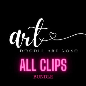 Może przedstawiać: Czarne tło z napisem "art" w białym skrypcie, z sercem w projekcie. Poniżej tekst "DOODLE ART XOXO" jest mniejszą czcionką. Słowa "ALL CLIPS" są w jaskrawym różu, z "BUNDLE" poniżej.