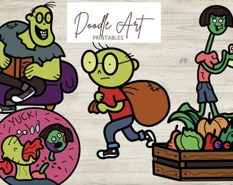 May include: Four digital illustrations of green-skinned characters with different expressions. The first character is reading a book while sitting on a purple couch. The second character is running with a brown sack over their shoulder. The third character is holding a bowl of food. The fourth character is holding a red flower and has a surprised expression. The text "Doodle Art Printables" is at the top of the image.