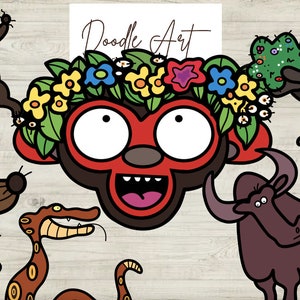 Può includere: Illustrazioni di animali dei cartoni animati, tra cui una scimmia con una corona di fiori, un gorilla, una iena, un serpente, un toro e un animale con un lungo naso. L'opera d'arte è in uno stile giocoso e colorato con contorni audaci.