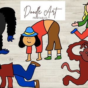 May include: Five doodle art illustrations of people and animals. A blue gorilla, a girl in a red shirt and brown pants bending over, a girl in a red shirt and green shirt jumping, a boy in a red shirt and blue pants crawling, and a red monkey with a long tail.