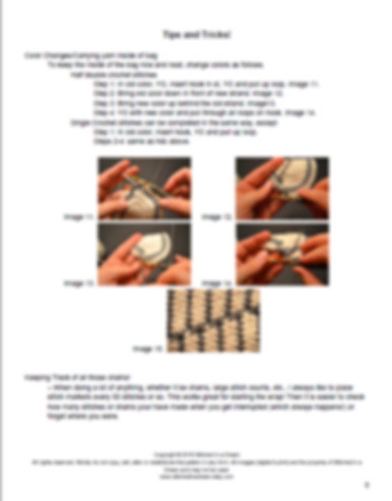 May include: A crochet tutorial showing how to change colors in a crochet ring. The tutorial includes four images showing the steps involved in changing colors. The last image shows a finished crochet piece.