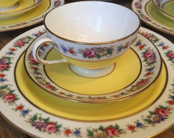 Cauldon, England, teacup trio, sunny yellow with flowers, English tea cup