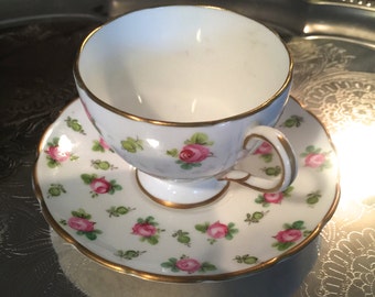 Foley China teacup and saucer set/made in England/ dainty rose buds and gilded cup