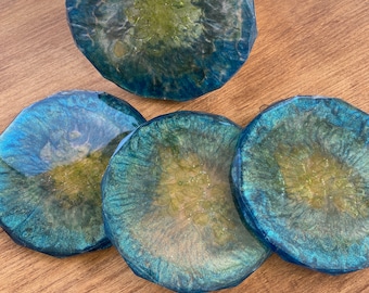 Handmade Resin coasters, epoxy resin coaster set, set of 4 coasters, greens and gold