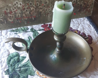 Vintage brass Chamberstick candlestick holder with ring holder, large base, lots of patina