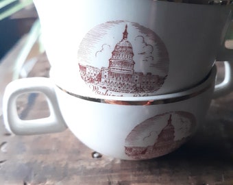 Vintage sugar and creamer set with gold trim and red graphics washington DC white house. Cream color.