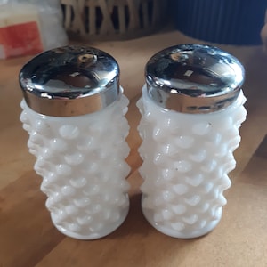 Vintage mid century hobnail white milk glass salt pepper Shakers