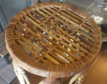 Vintage 1970's Boho Rattan side table, Plant stand, patio, indoor outdoor table.