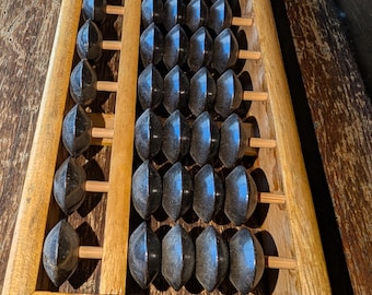 Vintage wooden Abacus Soroban Japanese calculator counting frame Asian adding machine office décor. Wall Art. 65 beads. Black beads