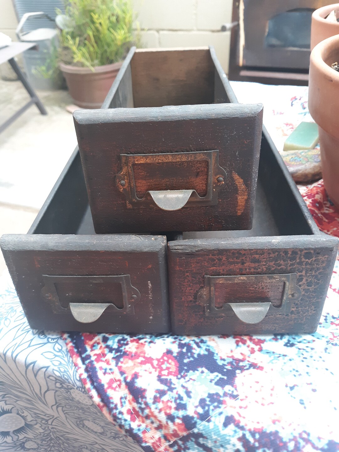Vintage Wooden Metal Rustic Catalog Drawer, One Small Drawer. Primitive