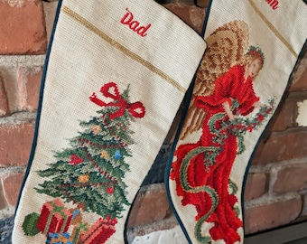 Vintage needle point stockings pair mom and dad, green velvet back, mom Angel dad Christmas tree presents, mantel, Christmas decor fireplace