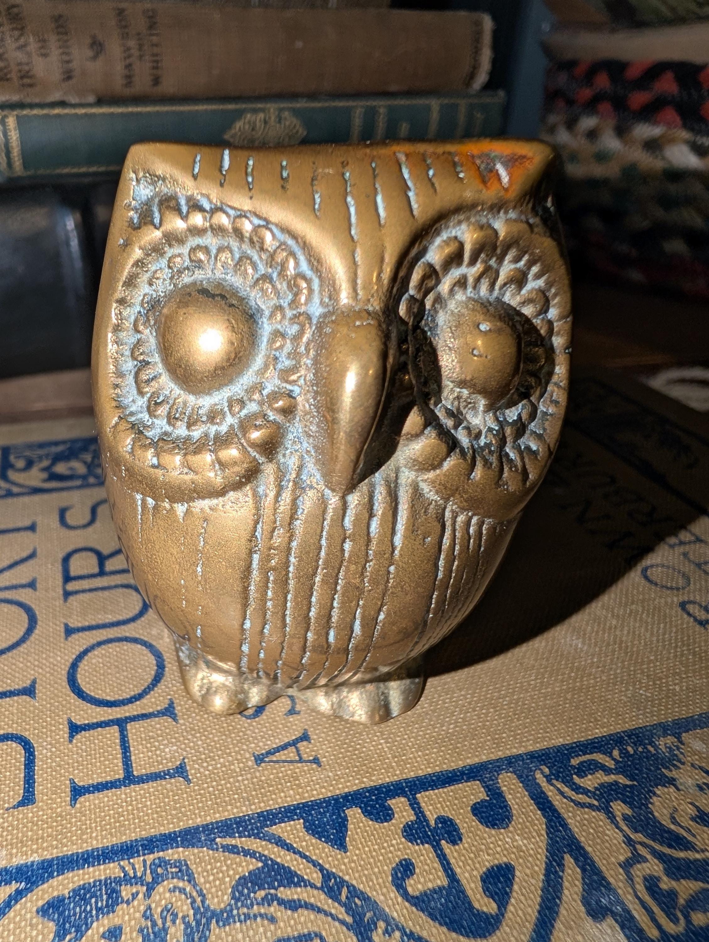 Vintage brass decorative owl figurine, small,ornate, patina, made in Korea, shelf sitter, library, o