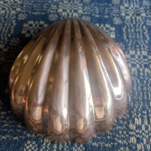 May include: A polished copper-colored metal dish shaped like a scallop shell. The object features a series of vertical, raised ridges radiating from the center point to the scalloped edge, creating a reflective, smooth, and metallic surface.