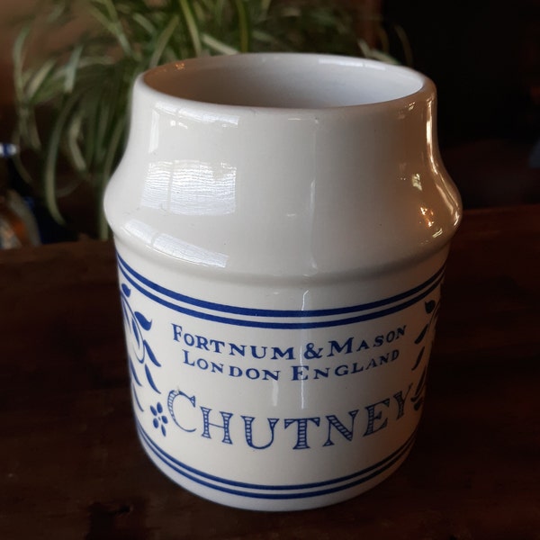 Vintage Fortnum & Mason London England Chutney small crock, blue graphics, French country, farmhouse Chic décor, no stopper or lid for top