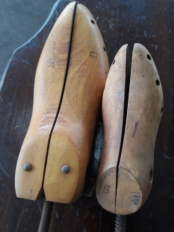 Vintage wooden and metal shoe stretchers, pair of 