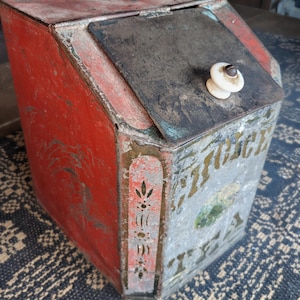 antique primitive rustic metal tea tin, choice tea, canister, tea chest, hinged lid, small porcelain white knob, tea storage unique shape