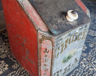 antique primitive rustic metal tea tin, choice tea, canister, tea chest, hinged lid, small porcelain white knob, tea storage unique shape