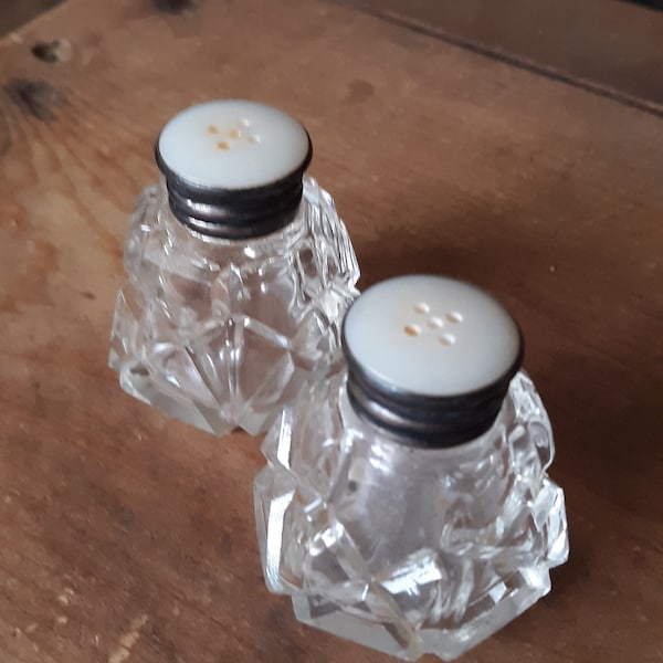 Vintage cut glass small measure  1.5" diameter salt and pepper shakers pearl sterling screw tops,