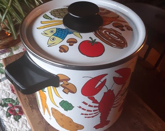 Vintage 70's mid century San Ignacio metal enamel pot steamer lobster vegetable graphs with lid