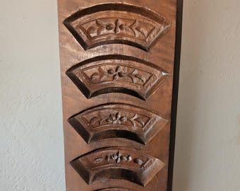 Vintage old Japanese hand carved sweet mold, cake, pastries, baking, fan shaped compartment floral pattern ornate decorative brass hanger