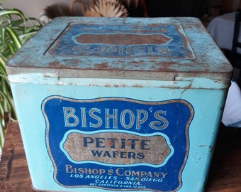 Vintage Bishop's petite wafer tin large, rusty, patina, turquoise navy graphics, Bishop company Los Angeles San diego california 2 LBS 10ozs