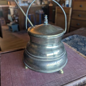 Vintage brass smudge pot cauldron fire fireplace starter with lid and pumice stone wand for absorbing fuel, decorative fireplace pot