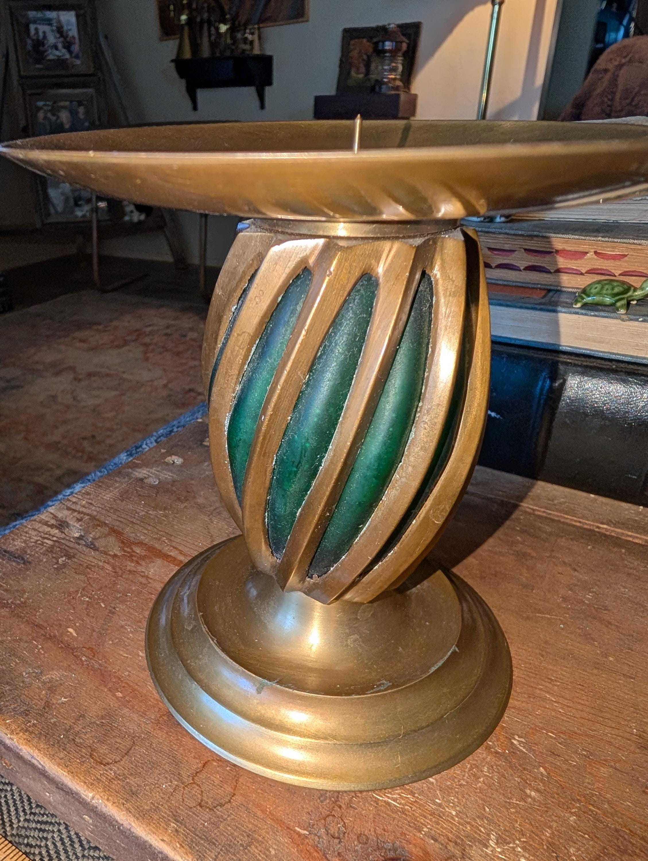 Vintage, MCM Solid Brass Pillar Spike Candle Holder, Brass With Green ...