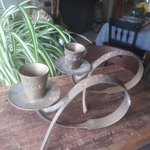 Vintage brass ornate sketched twisted candle stick holder, set of two. Very unique style, Bohemian, modern,different, unusual candle holder.
