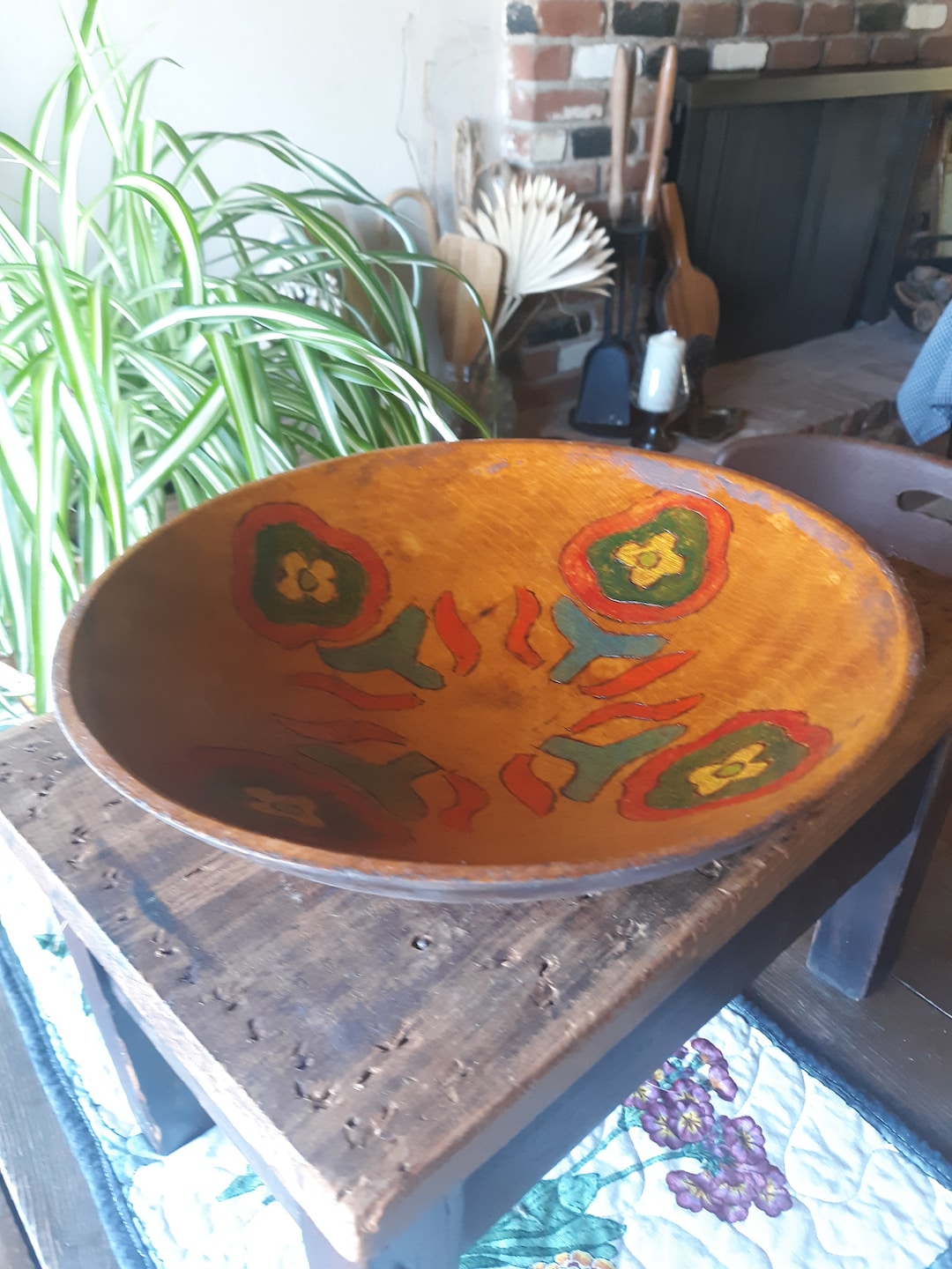 Vintage Large Folk Art Wood Bowl Hand Painted Red, Green, Yellow ...