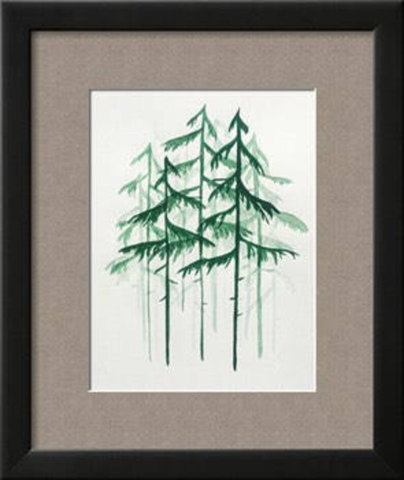 Evergreen Pine Tree Forest Minimalist Watercolor Painting Wall Art Etsy