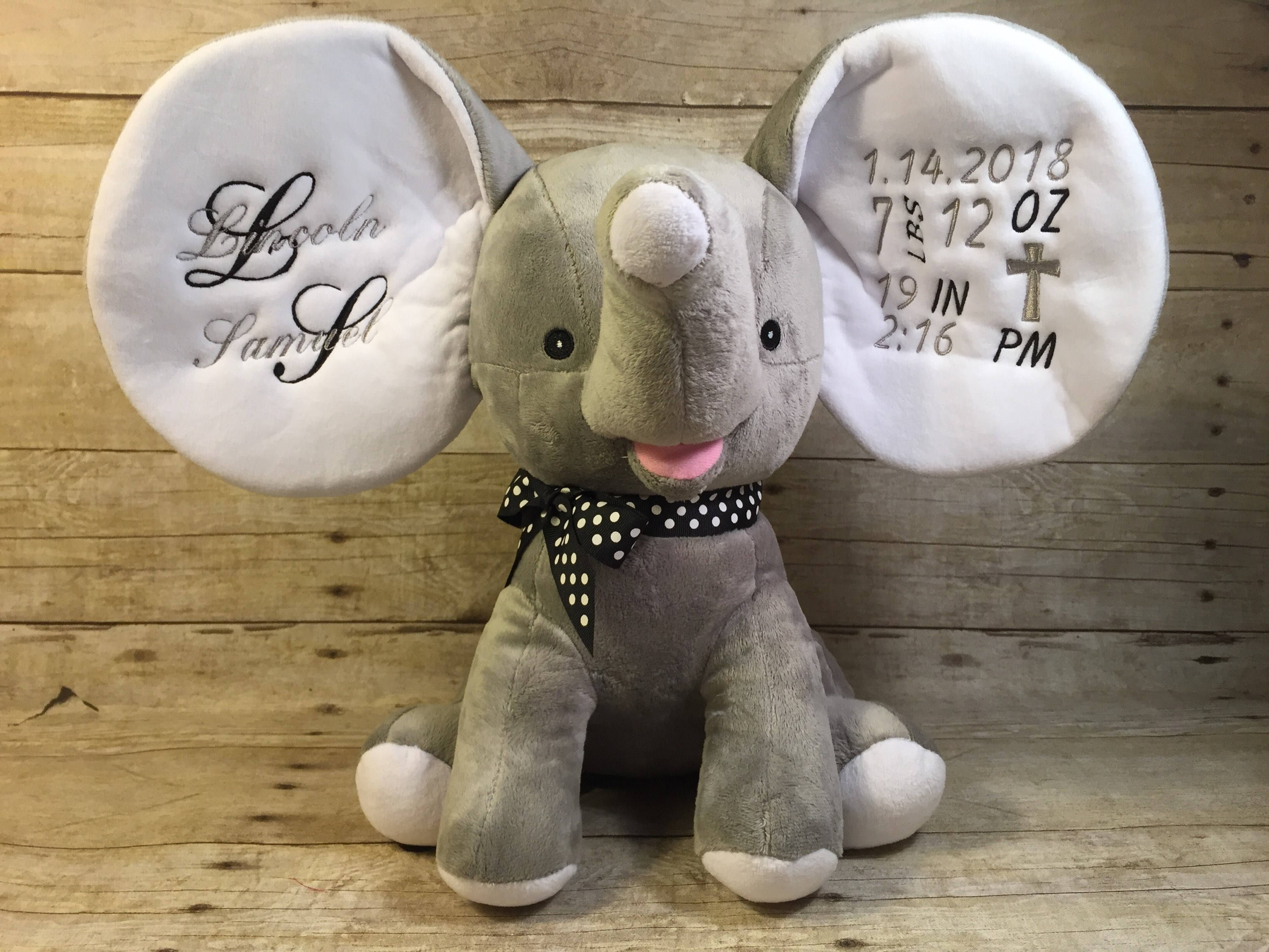 Personalized Birth Announcement Grey Elephant Stuffed Animal Plush Baptism
