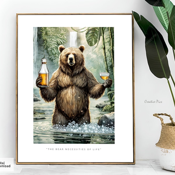 The bear necessities of life print | unique alcohol related gift | Bathroom bear decor | Funny botanical art | Nature printable | Toilet art