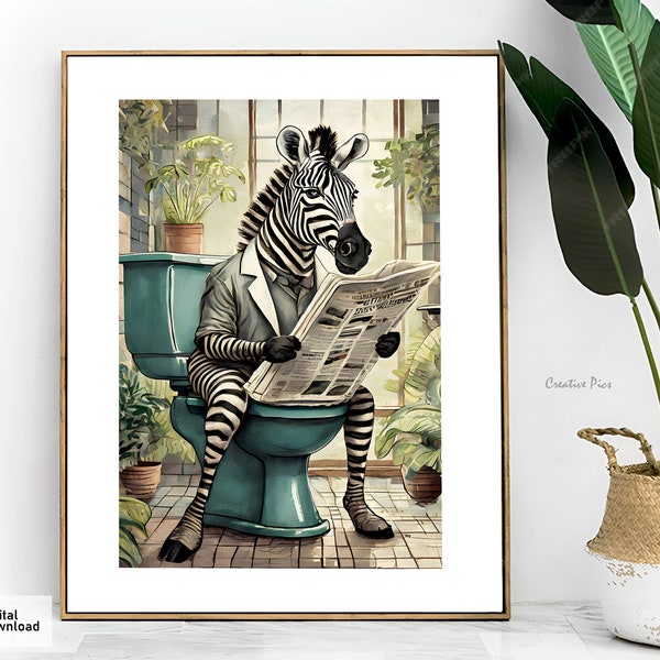 Zebra on Toilet Bathroom Print, Animal on Toilet Fun Bathroom Prints, Tropical Botanical Bathroom Wall Art, Animal Reading Newspaper fun art