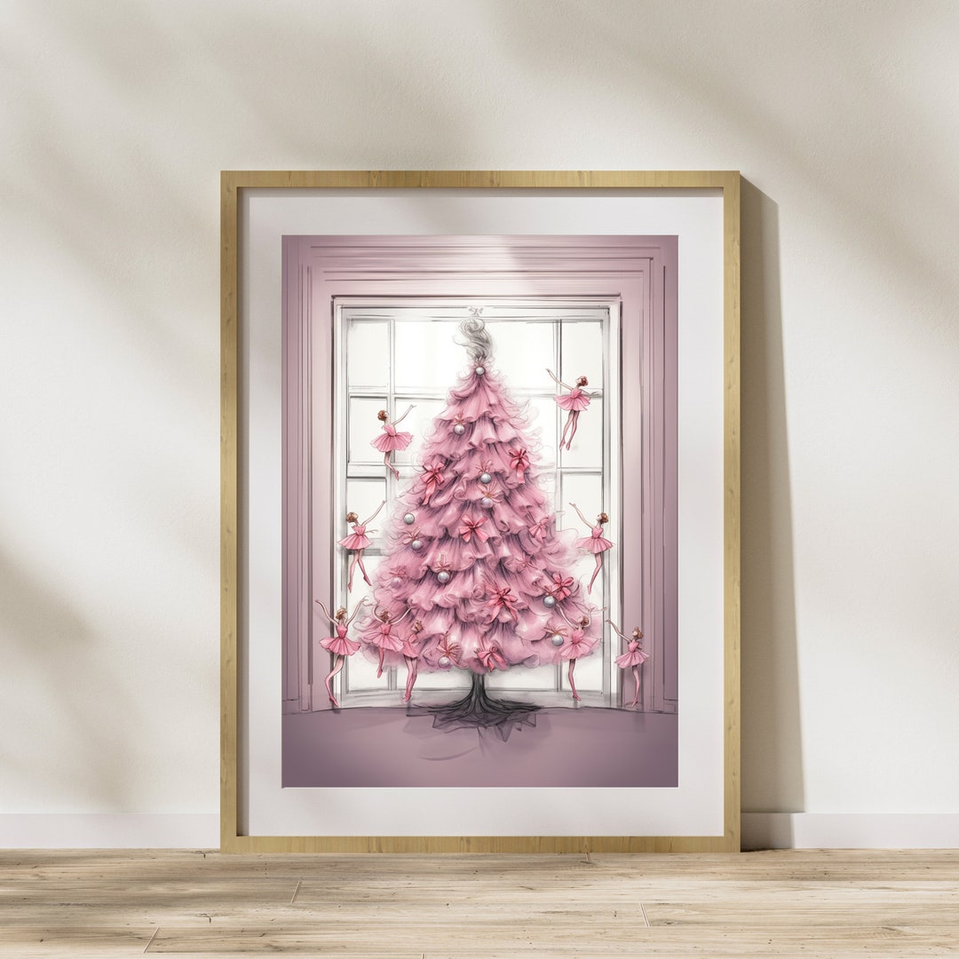 Ballerina Christmas Tree Illustration Pink Ballet Dancers With Festive ...