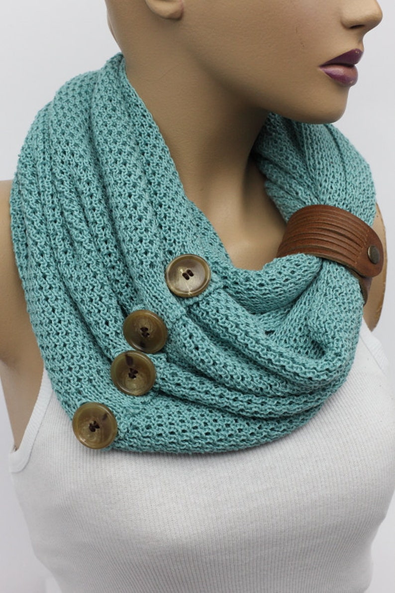 Knit button infinity scarf Leather cuff circle scarf winter | Etsy