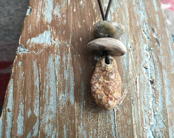 Lake Superior Beach Stone Cairn Pendant, Rock Necklace,  on Black Leather Cording.