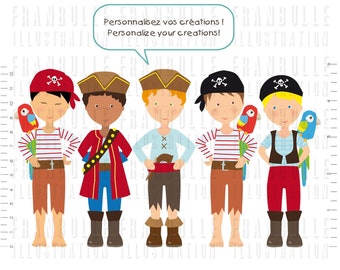 Pirates clip art, 12 different little pirates faces to personalize your creations, 48 files .PNG with transparent background