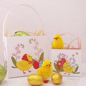 Paniers de Pâques "Poussins", 2 modèles, 2 tailles,  à imprimer et à réaliser en papier pour fabriquer des décors ou packaging de Pâques.