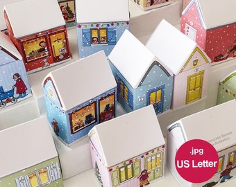 Printable large boxes to make houses and a snowy Christmas Village. Advent calendar US Letter files (8.5x11").