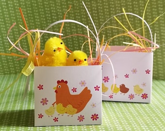 Fichiers en téléchargement immédiat pour fabrication de paniers de Pâques en papier, "Poule et poussins" à fond blanc petit modèle.